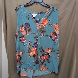 Market & Spruce Floral Blouse - Teal and Orange